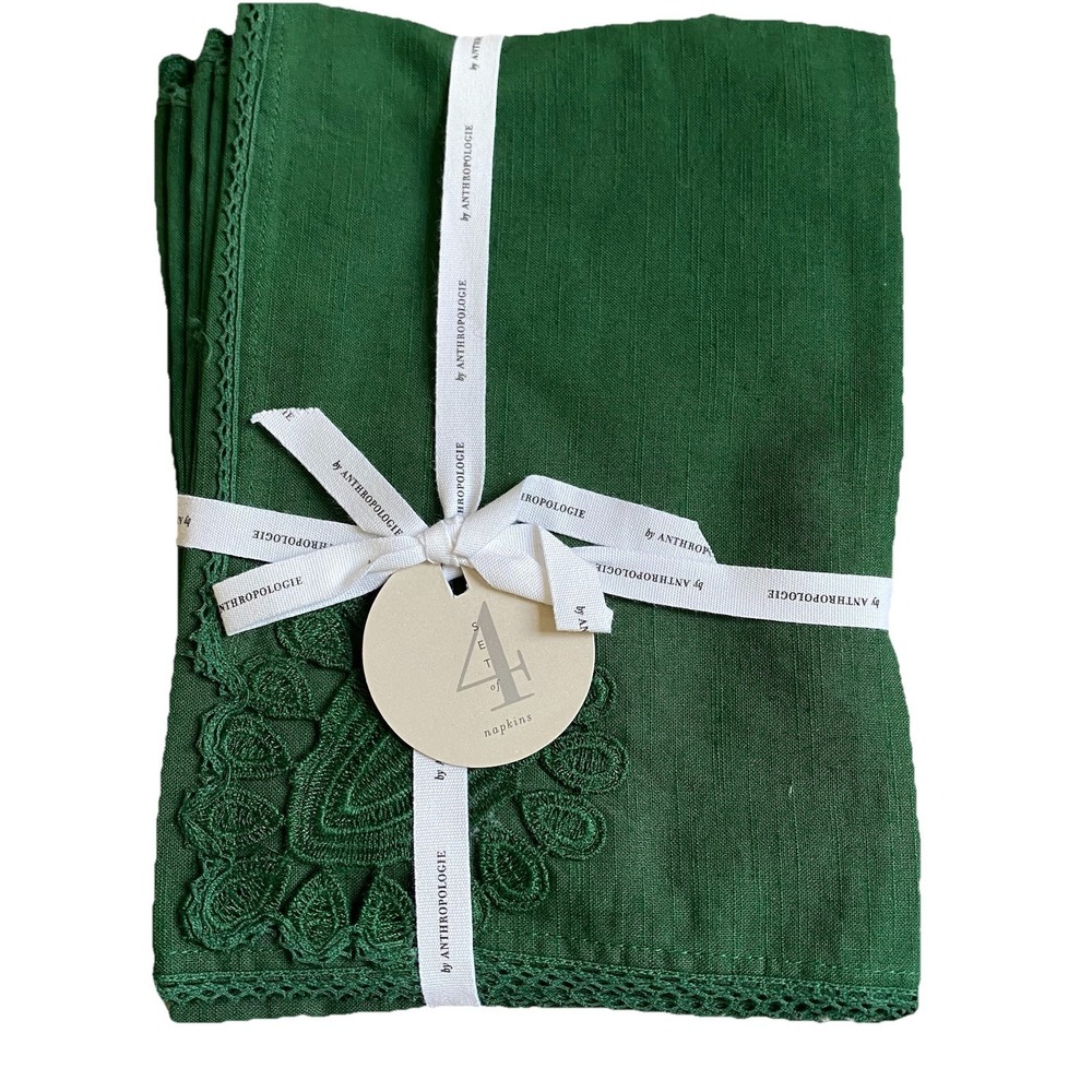 Anthropologie Set Of 4 Accent Table Napkins 16x18" Green Cotton Cottage